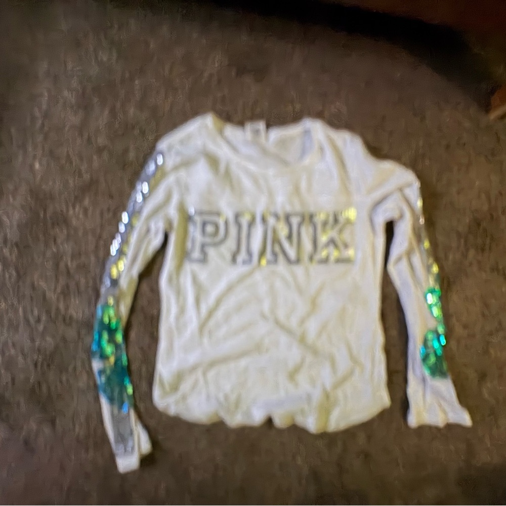 PINK Victoria's Secret White and Blue Long Sleeve Tee